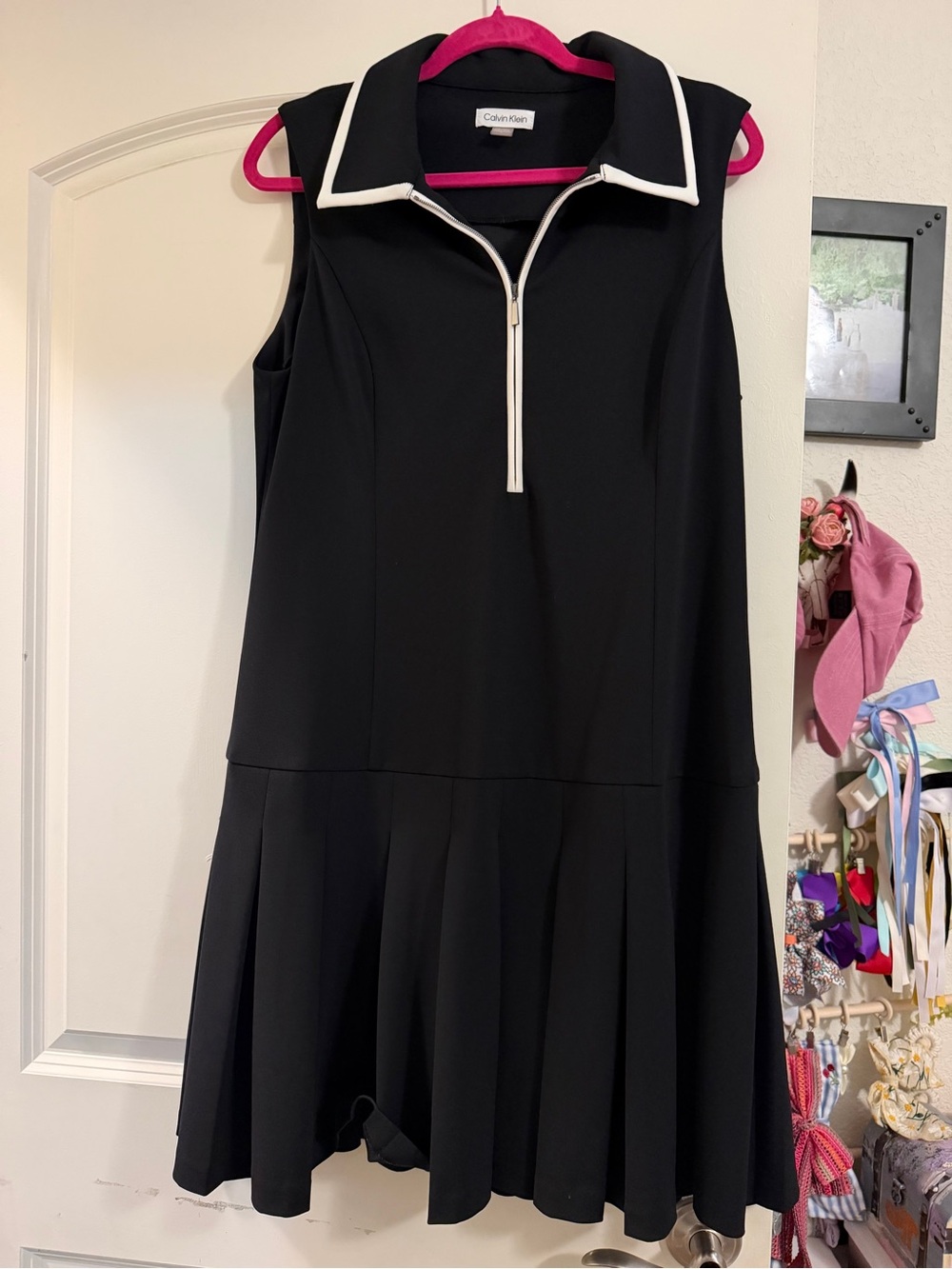 Calvin Klein Black Sleeveless Polo Dress with White Zip Trim